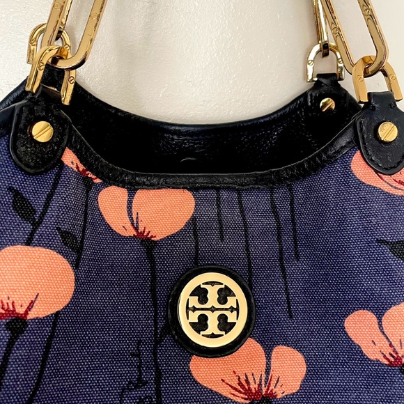 Tory Burch Floral Canvas Large Handbag Blue and Coral - Picture 7 of 11